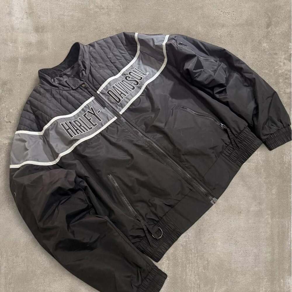 Harley-Davidson Racing Puffer Windbreaker Jacket XL Black Gray Y2K